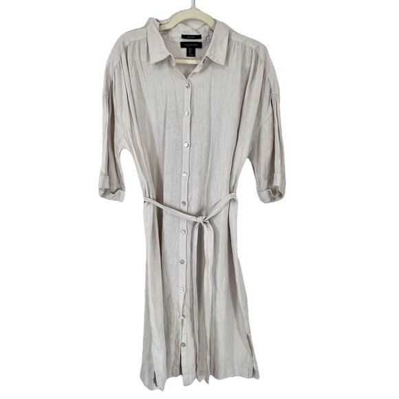 Tahari Women’s 100% Linen Shirtdress Size Large Button Down Dress Belted Tan - Picture 1 of 8